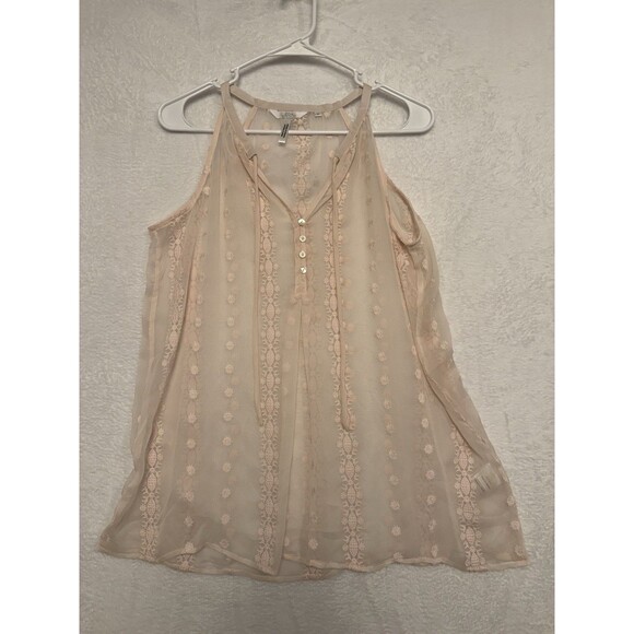 ZOA New York Embroidery Pink Cream 100% Silk Tank Top Blouse Semi Sheer Medium - Picture 1 of 16